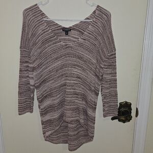 Express Women's Striped V-Neck Sweater - Pink and Red Size: XS